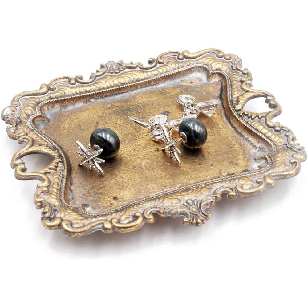 Small Vintage Jewelry Tray - Distressed Gold Ring Holder for Stylish Storage
